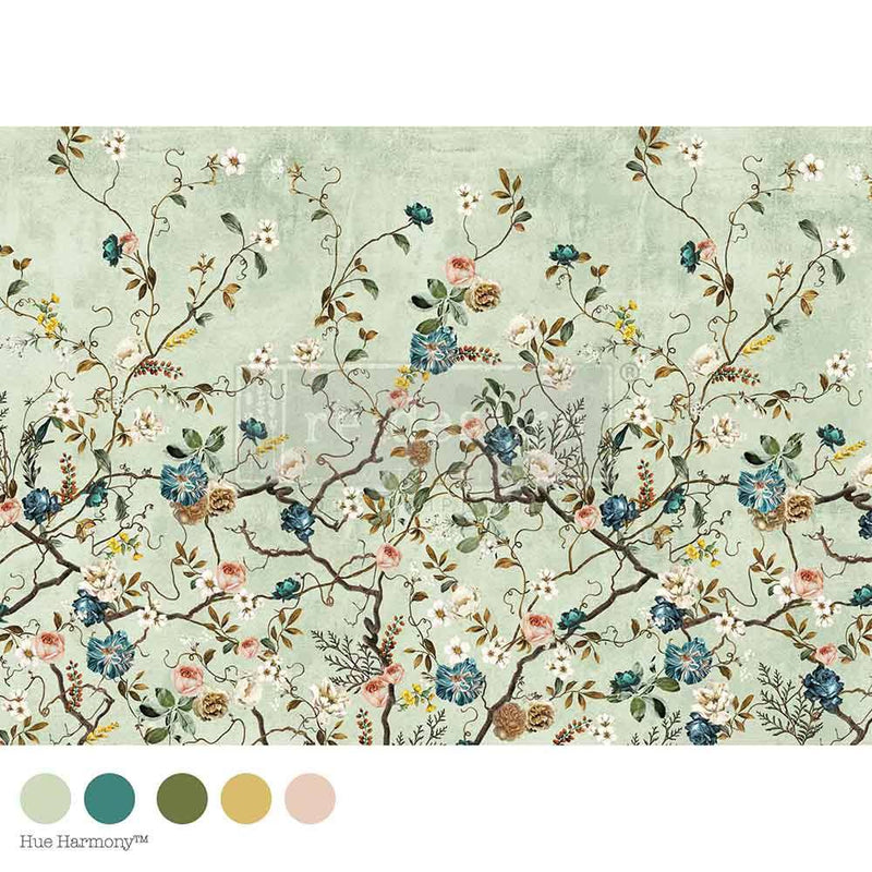 BLOSSOM PERCH
Decoupage Fibre Tissue Paper by Redesign with Prima&nbsp;&nbsp;

&nbsp;
Delicate blossoms and blue florals dance across a soft green background in Blossom Perch A1 Decoupage Fibre, evoking the calm charm of a spring morning. This gentle, sprawling pattern is perfect for larger surfaces like dressers, doors, and panels—bringing a sense of freshness and tranquillity to any room.

To apply, measure and cut the needed amount, brush Decoupage Gel onto the prepared surface, lay the fibre paper on to