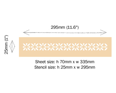 BUJERA Border Stencil
Annie Sloan Stencil

Sheet size: h 70mm x w 335mm

Stencil size: h 25mm x w 295mm

SKU:&nbsp;SBUJ001.0001.01

Part of The Rajasthan Stencil Collection, the Bujera border stencil draws inspiration from the magnificent fort where our painting retreats are held. Influenced by the vibrant hand-painted designs of the Lotus Room in Udaipur’s City Palace, this stencil captures intricate floral motifs and elegant borders.

Expertly crafted by stencil designer Nicolette Tabram, Bujera adds a re