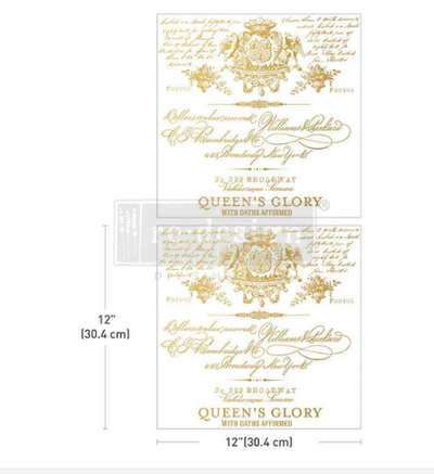 QUEEN'S GLORY Decor Transfer
by Prima Redesign

Maxi Décor Transfer® – Queen’s Glory features ornate golden flourishes and antique script, adding a regal flair to any project. Inspired by historic manuscripts and elegant insignias, this design brings sophistication and vintage charm to furniture, décor, and artistic creations. 