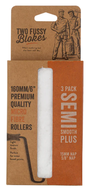 Two Fussy Blokes 6" Roller Semi Smooth Plus Sleeves&nbsp;

These top-of-the-line, high-density microfibre rollers are made with the highest quality, highest density microfibre in the world and designed to deliver an ultra smooth finish, ultra low splatter and ultra fast paint speed, every time.