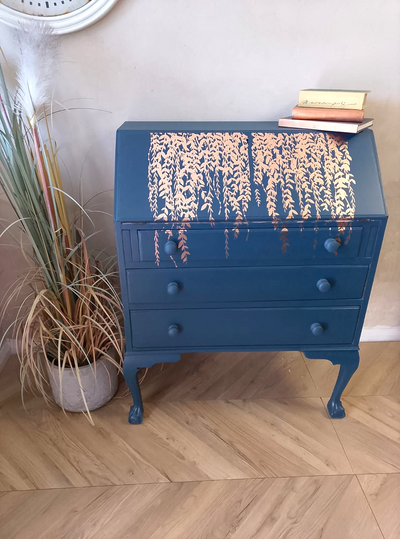 vintage bureau in midnight blue with gold leaf transfer
