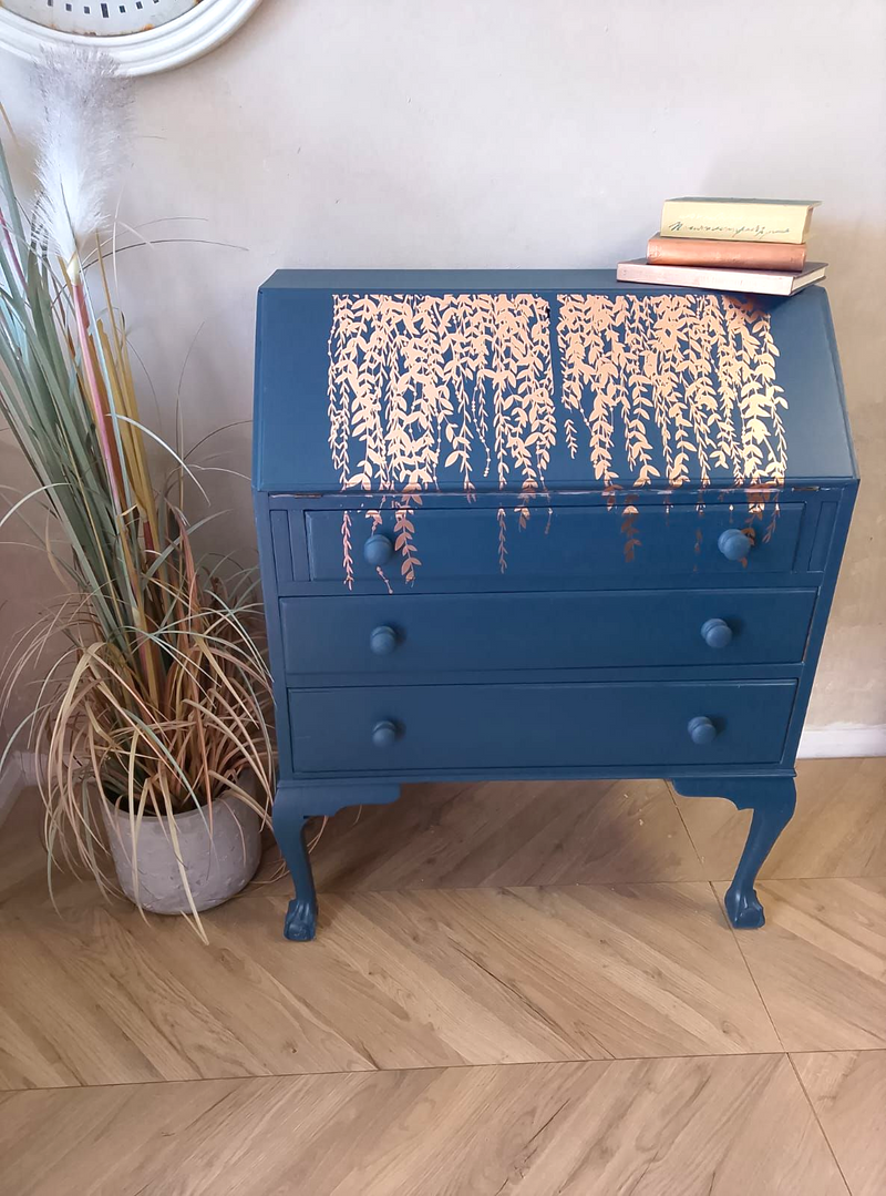 vintage bureau in midnight blue with gold leaf transfer