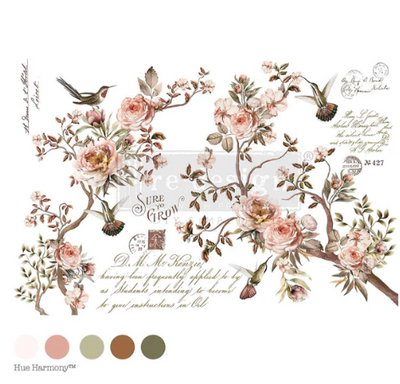 BLOSSOM TWEET Decor Transfer
by Prima Redesign

If soft florals and vintage charm came together, Blossom Tweet would be their perfect creation! Featuring blush pink roses, graceful script, and adorable birds perched on delicate branches, this Décor Transfer® exudes romance and timeless beauty. With four 12” x 17.5” sheets, this versatile set allows the elements to be used together or separately.&nbsp;