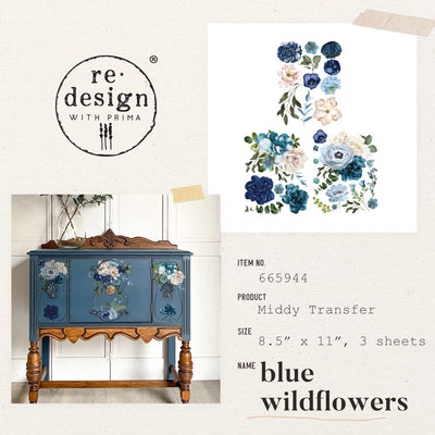 'Blue Wildflowers' | Midi Transfer | 8.5" X 11" 3 SHEETS - Vintage Attic Sevenoaks