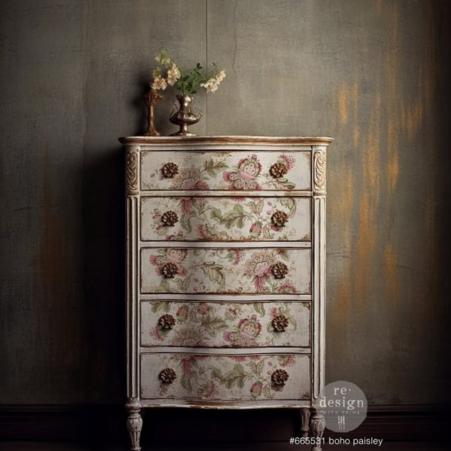 Boho Paisley Furniture decor transfers by redesign with prima vintage tall chest drawers