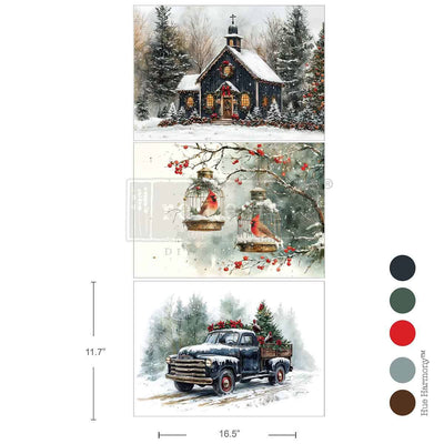 3 sheets, 11.7"x16.5" - 
Charming, peaceful, and full of nostalgic warmth—Christmas Blessings A3 Decoupage Fiber brings the magic of the season to your holiday creations. Featuring a snowy chapel, winter birds on frosted branches, and a classic vintage truck, this 3-sheet set is ideal for cabinets, trays, furniture, and more.

To apply, measure and cut the needed amount, brush Decoupage Gel onto the prepared surface, lay the fibre paper on top, and smooth it with the Scraper Tool or Brayer. A final coat of 