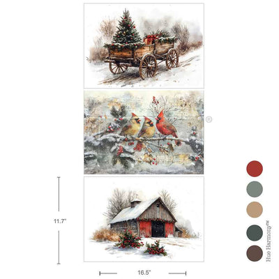 CHRISTMAS IN THE COUNTRYSIDE
Transfer by Redesign with Prima&nbsp;&nbsp;

&nbsp;
Bring rustic charm to your winter décor with Christmas in the Countryside A3 Decoupage Fiber. Featuring a snowy wagon, a pair of red cardinals, and a charming barn dusted in frost, this 3-sheet set radiates peaceful, nostalgic beauty—perfect for dressers, buffets, or handmade holiday signs.

To apply, measure and cut the needed amount, brush Decoupage Gel onto the prepared surface, lay the fiber paper on top, and smooth it with