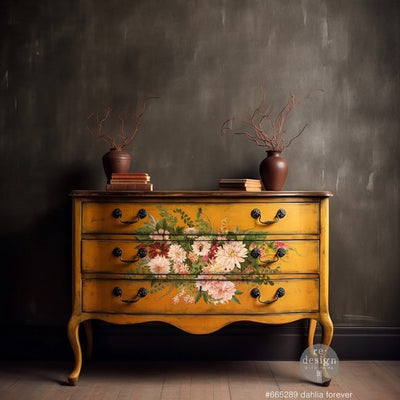 Dahlia Forever Furniture Decor Transfer by Redesign with Prima  yellow chest of Drawers