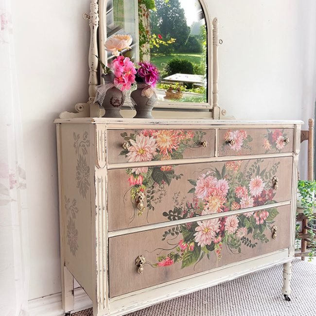 Dahlia Forever Furniture Decor Transfer by Redesign with Prima  vintage chest of drawers
