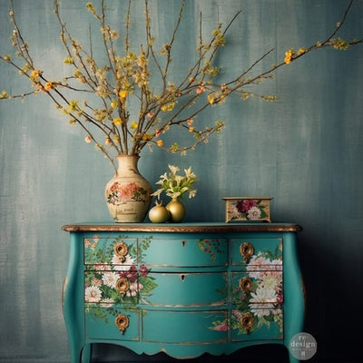 Dahlia Forever Furniture Decor Transfer by Redesign with Prima teal chest of drawers