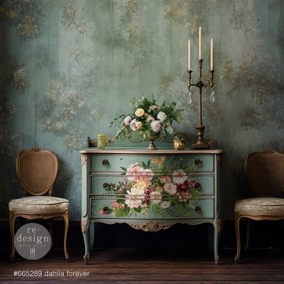 Dahlia Forever Furniture Decor Transfer by Redesign with Prima  vintage teal chest of drawers