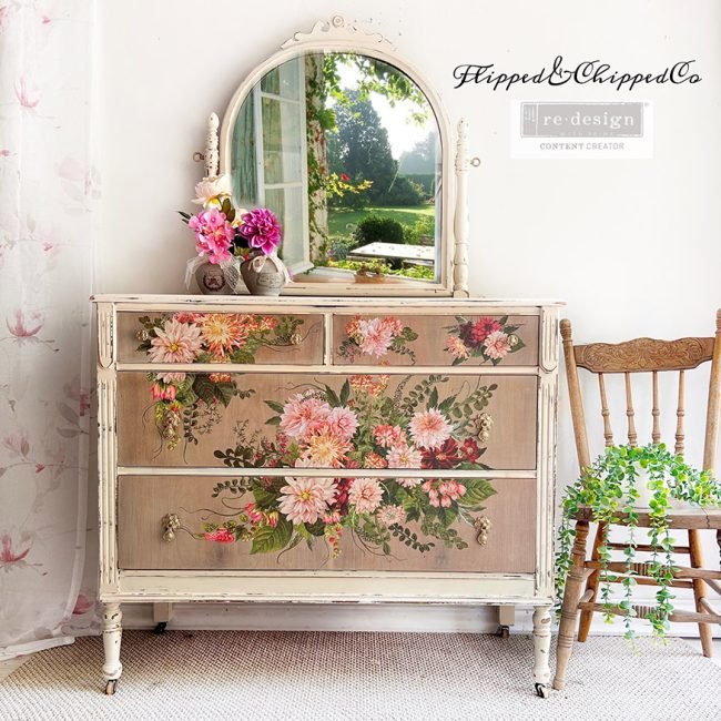 Dahlia Forever Furniture Decor Transfer by Redesign with Prima  vintage chest of drawers front on