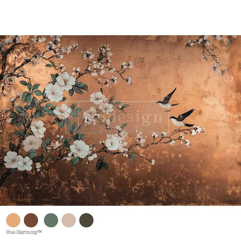 FEATHERS IN THE GLOW
Decoupage Fibre Tissue Paper by Redesign with Prima&nbsp;&nbsp;

Feathers in the Glow A1 Decoupage Fibre bathes your piece in the soft shimmer of a golden-copper sunset. A radiant background—reminiscent of aged metallic foil—sets the stage for delicate white blossoms and graceful birds in mid-flight. It&