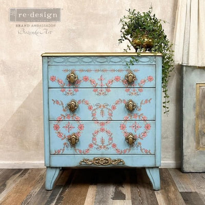 Flower Garland Annie Sloan Decor furniture transfer, Redesign with Prima blue chest of drawers