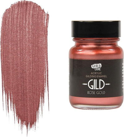 This 30ml Gild Acrylic Enamel Paint in Rose Gold features a refined blend of gold, copper, and silver tones, enriched with brilliant blush highlights. Its velvety-salmon undertones add depth and warmth, creating a luminous finish that enhances any project with a sophisticated metallic sheen. Perfect for detailed applications requiring a rich, elegant color.