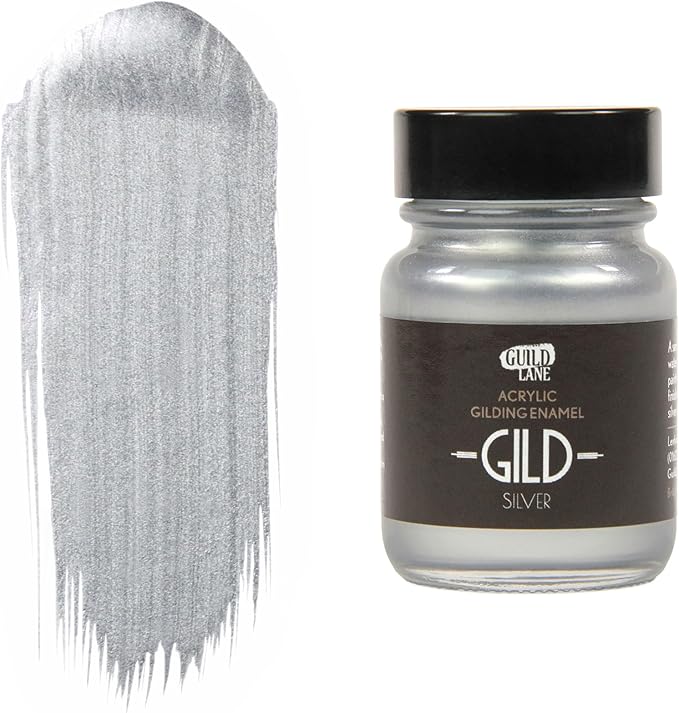 This 30ml Gild Acrylic Enamel Paint in Silver delivers a bright, elegant finish with shimmering white highlights and subtle pale grey shadows. Its polished metal appearance adds a refined, realistic metallic sheen, perfect for projects requiring a crisp and sophisticated silver tone.