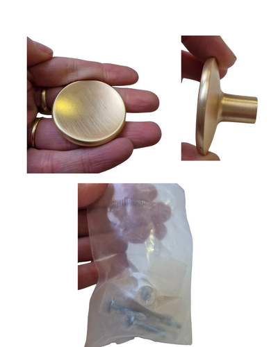 GOLD FLAT ROUND Drawer knob
Sold separately as a single item

Each Knob is ~3.5cm wide 2cm deep.

Screw thread length 4.5cm and 2.5cm

These sleek gold flat round door knobs bring a modern and minimalist touch to any space. With their smooth, polished gold finish, they offer a sophisticated accent to both contemporary and traditional interiors. The knobs come with two sizes of screws, ensuring a perfect fit for a variety of door types and thicknesses. Whether updating your cabinets or doors, these elegant k
