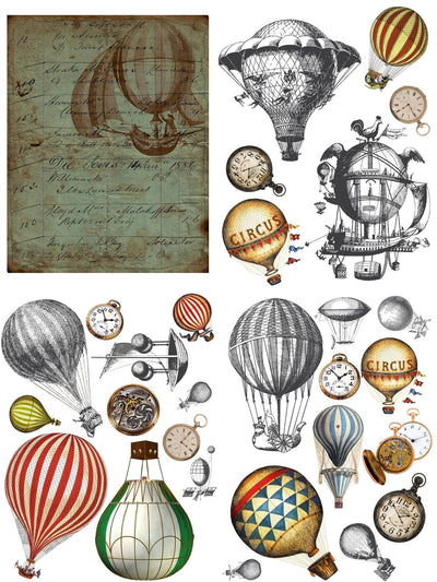 'Hot Air Ballons' and Clocks' |Decor Transfers | Large Transfer | 61 x 81 cm - Vintage Attic Sevenoaks