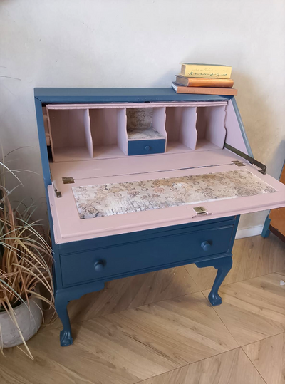 inside of bureau, beige colour and decoupage paper 