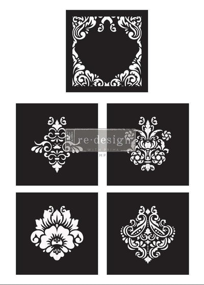 Stencils | Re-Design Prima | Decor Stencils | CECE MIX & STYLE DAMASK ELEMENT | 5 pcs, 12"x12" sheet size each - Vintage Attic Sevenoaks