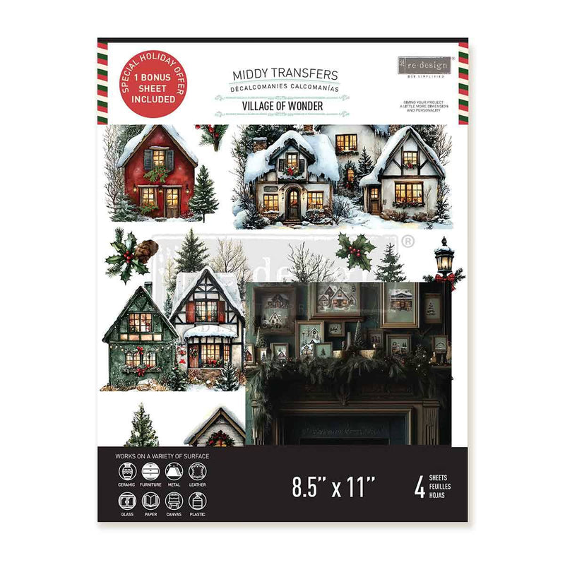 VILLAGE OF WONDER
Midi Transfer by Redesign with Prima&nbsp;



Frosted rooftops, glowing windows, and snow-dusted trees, Village of Wonder Middy Transfers® captures the magic of a holiday town just waiting to come to life. Each sheet is filled with charming cottages, cosy lanterns, pinecones, wreaths, and snowy shopfronts, all illustrated with storybook warmth and incredible detail. Perfect for creating winter scenes on furniture, signs, framed art, and more.&nbsp;



Total size 8.5" X 11" - cut into 3 she
